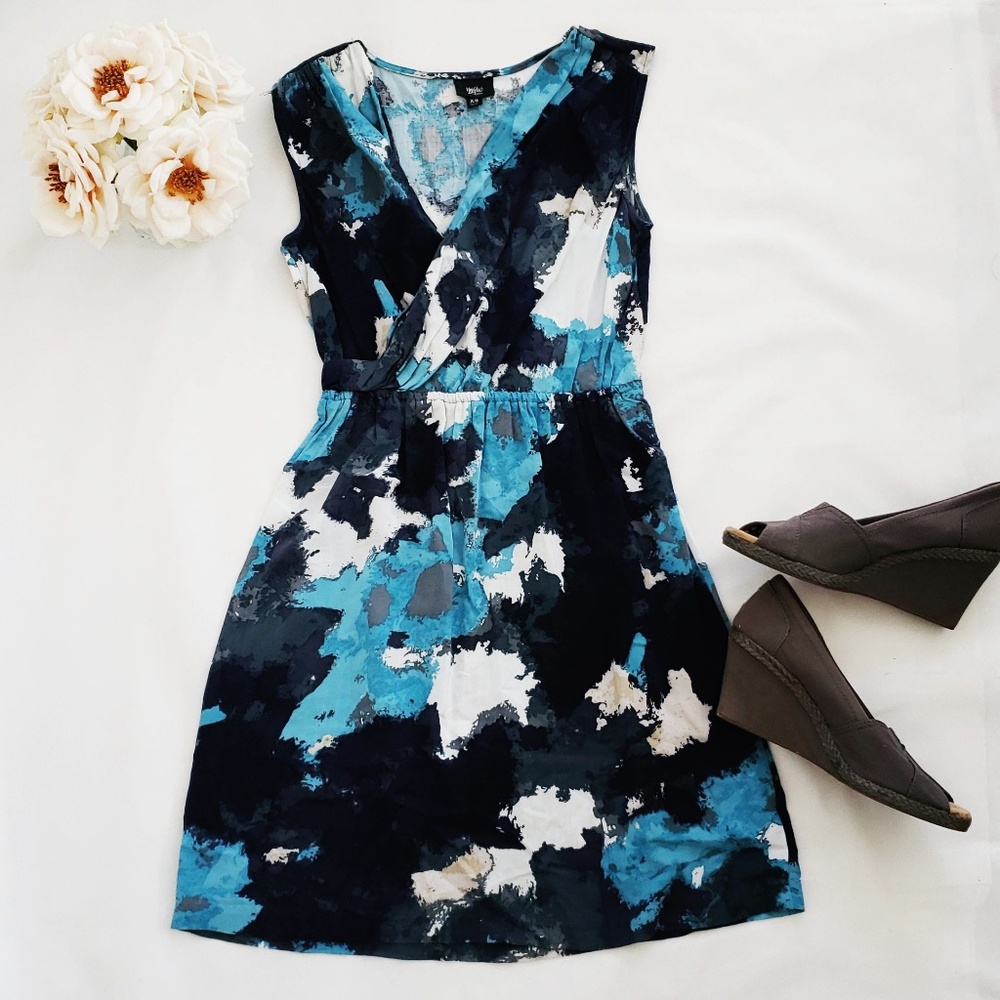 Watercolor-Print Faux Wrap Midi Dress - Small